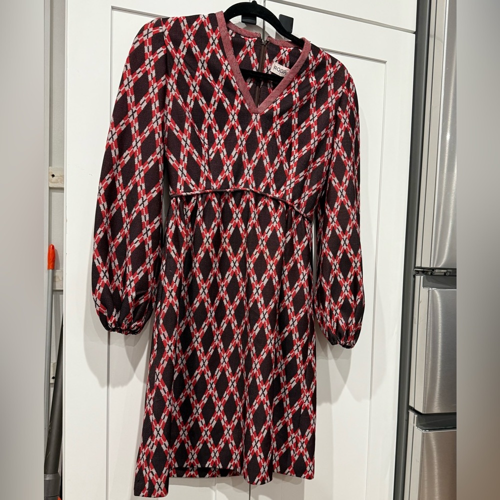 Vintage 60’s Red and Burgundy Pattern Dress with Bishop Sleeves